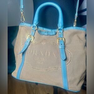 Prada Jacquard Canvas and Leather 2-way bag Teal leather trim gold hardware. GUC